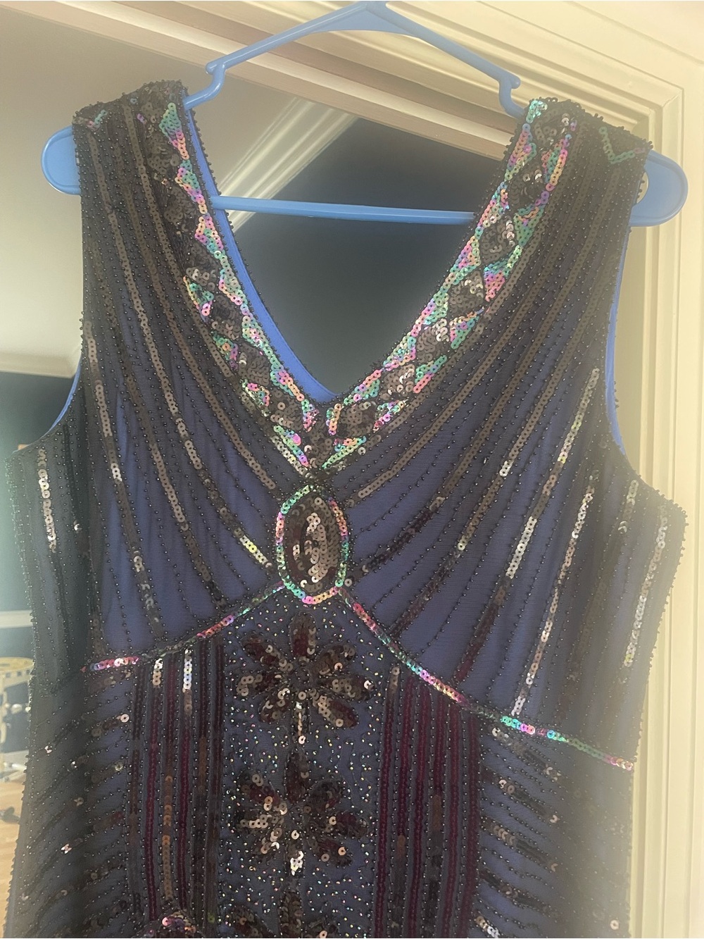 Navy Beaded Fringe flapper dress 1920s roaring 20s costume speakeasy large - Picture 4 of 7